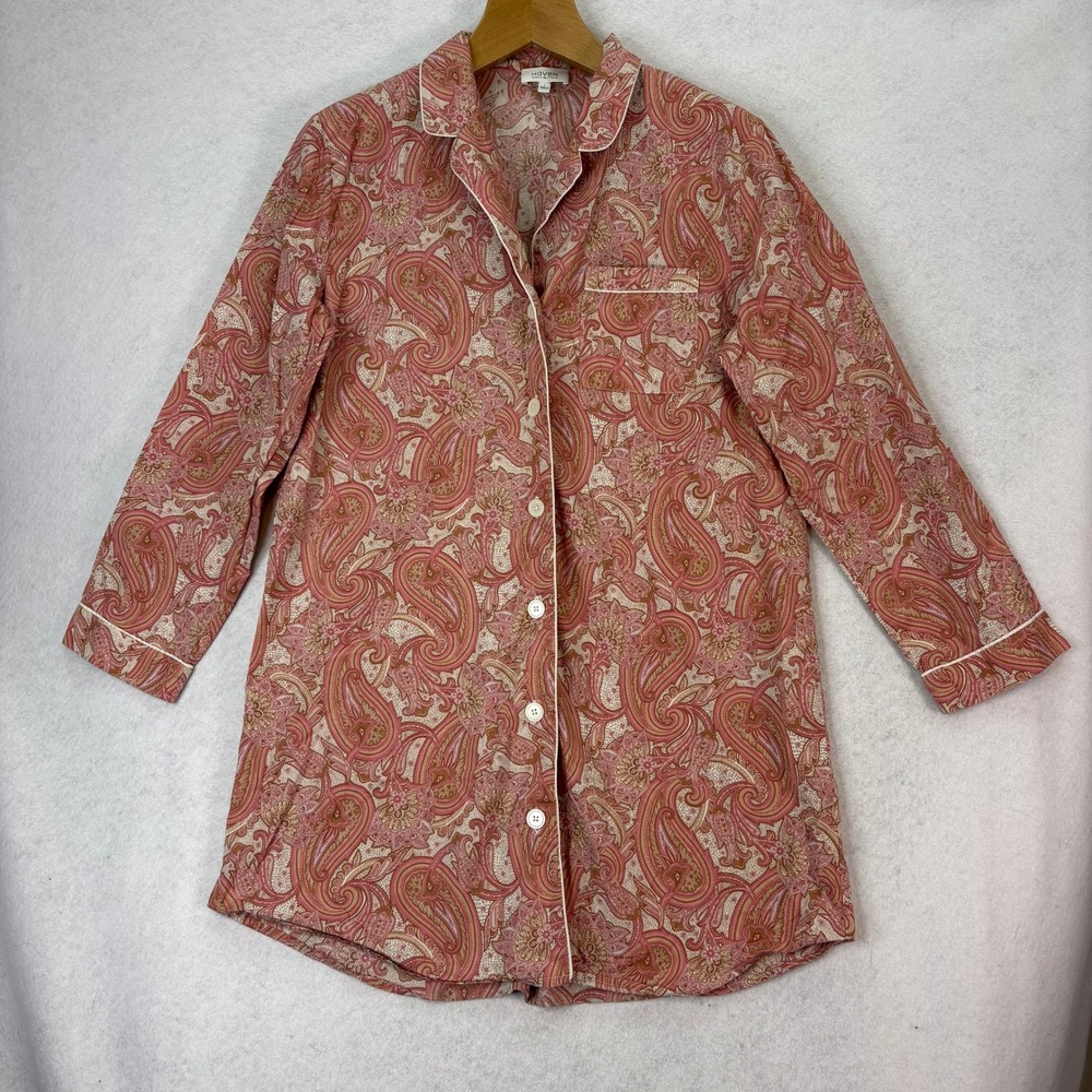 Haven Well Within Pink Paisley Button Down Cotton Sleep Shirt Womens L Lounge‎